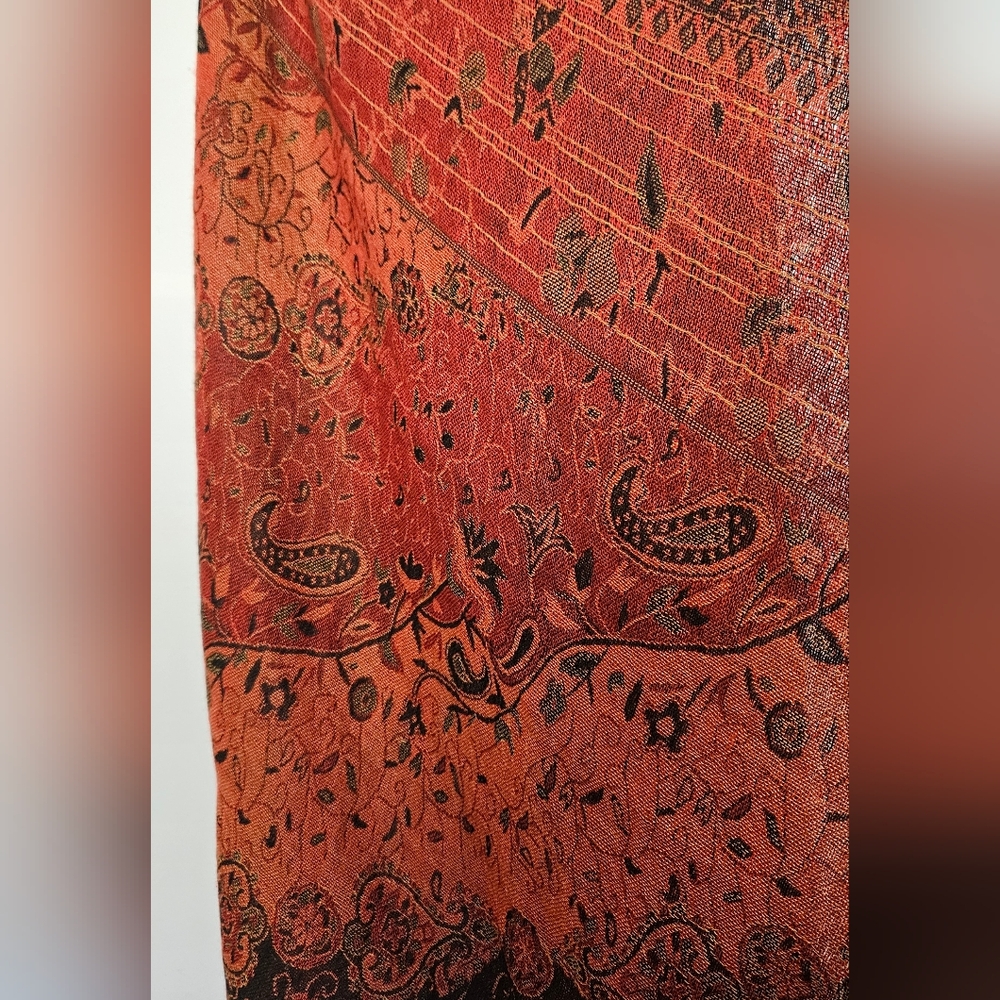 Pashmina Orange Floral And Paisley Fringed‎ Pashmina Silk Shawl Scarf - Picture 7 of 7